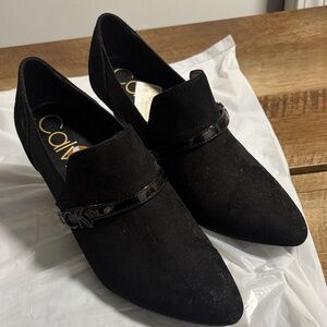 Calvin Klein Black Suede Pointed Toe Loafers with Patent Strap